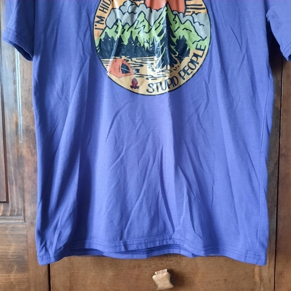 NWOT "I'm Hiding From Stupid People" novelty humor camping purple t-shirt - Picture 3 of 8